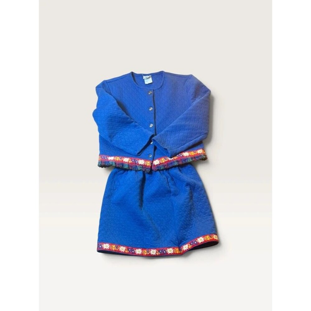 Vintage Hartstrings Quilted Skirt Set Jacket Girls Size 10 Royal Blue Daisy